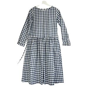 Navy Blue White Gingham Checkered Linen Blend Midi Dress Lagenlook Tie Back